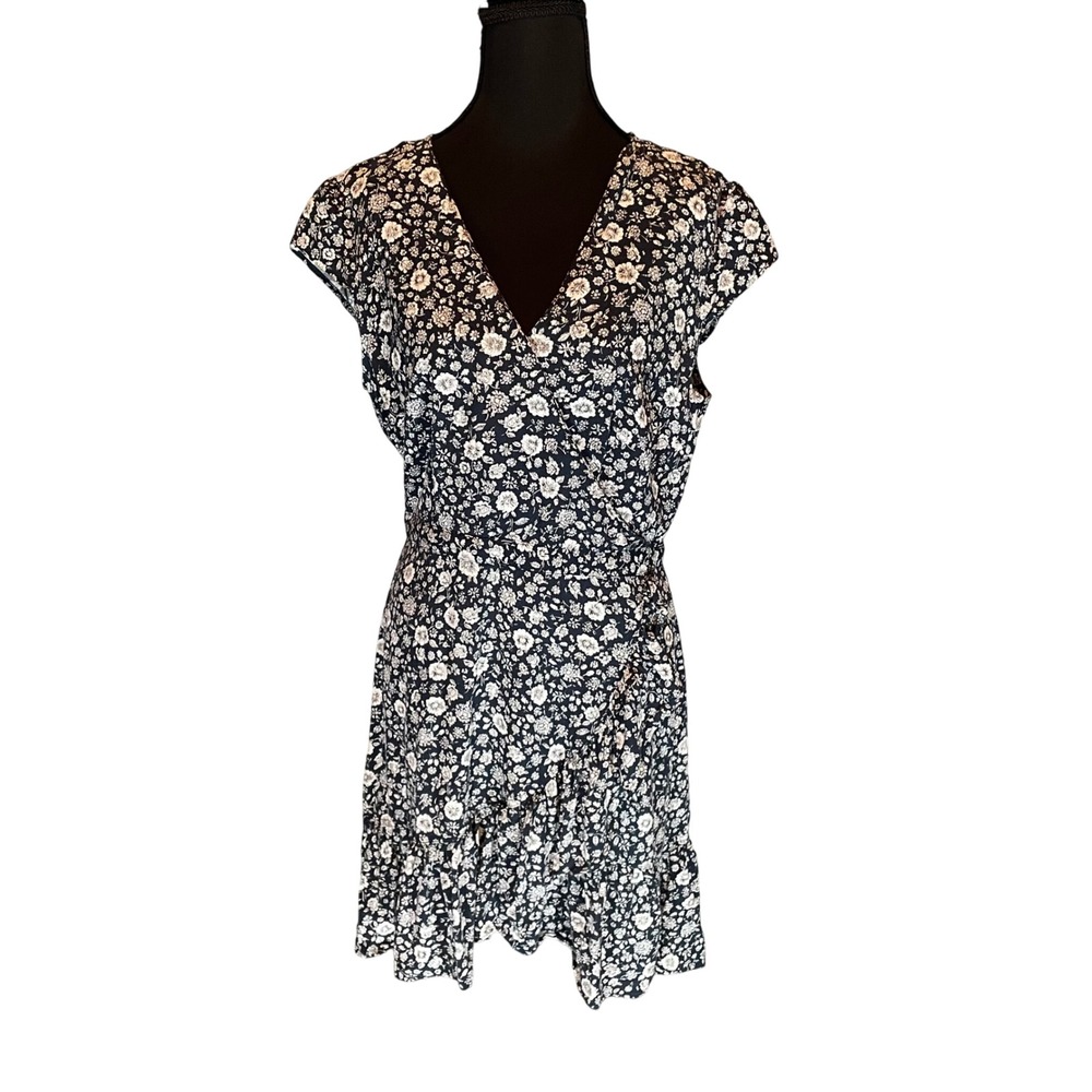 J.Crew‎ Mercantile Navy Floral Faux Wrap Dress Cap Sleeve Ruffle Hem Size 6